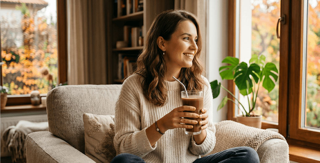 Mujer sonriente sosteniendo un vaso de Chocolate Dreamzzz