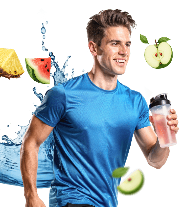 Un hombre con ropa deportiva corre mientras sostiene una coctelera.