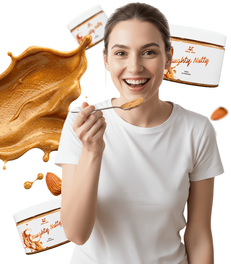 Mujer sonriente probando pasta de almendras NN